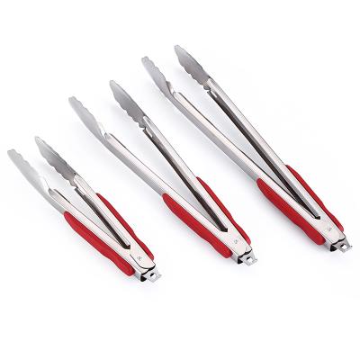 China Viable Anti-scald Plastic Red Long Handle Bread Tongs Stainless Steel BBQ Tongs for sale