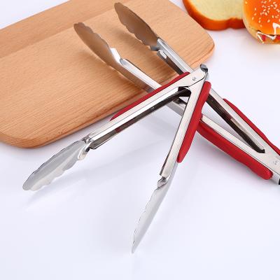 China Viable Anti-scald Plastic Red Long Handle Bread Tongs Stainless Steel BBQ Tongs for sale