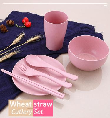 China 6Pcs/Set Viable Wheat Straw Fiber Tableware Set Environmental Protection Kids Noodle Rice Bowl Scoop Fork Cup Tableware Set for sale