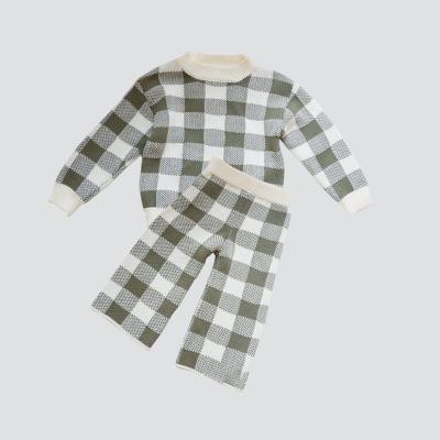 China 100% Cotton Kid Loungewear Set Plaid Chunky Knit Sweaters Jumpers Crewneck Straight Leg Two Piece Custom Wide Leg Baggy Pants Kid Set for sale