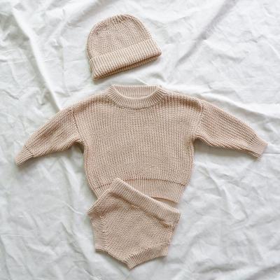 China Baby Neutral 100% Cotton 3 Piece Sweater Set Knitted Beanie Shorts Toddlers Loungewear Manufacturer Chunky Knit Jumpers Crewneck Bummies for sale