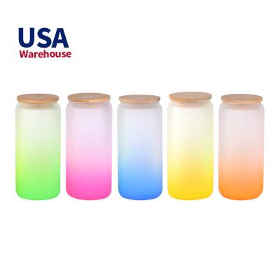 China Sustainable USA Warehouse Iridescent Gradient Colored Sublimation Can Glass With Bamboo Plastics Lid And Straw for sale