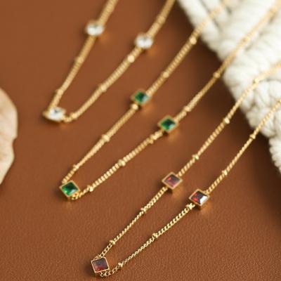 China 2022 Vintage 2022 Stainless Steel 14k Gold Thick Three Choker Necklace Square Natural Rhinestone Crystal Stone Pendent Necklace for sale