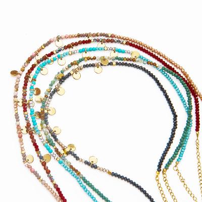 China Colorful Multilayer Natural Stone Vintage Glass Beads Necklace Stainless Steel Round Single Pendant Gold Plated Chain Necklace for sale