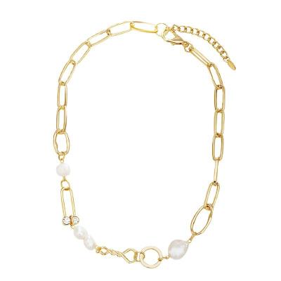 China Wholesale Vintage Geometric Stainless Steel Paper Clip Chain Necklace Gold Plated Freshwater Pearl Necklace Women Jewelry Gift for sale