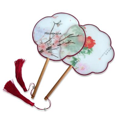 China China Ancient Chinese Clothes Brand Transparent Silk Wooden Handle Hand Fan Logo For Exhibition for sale