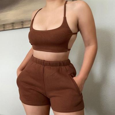 China Summer New Arrival Viable Lady Backless Sleeveless Top With Short Pants Two Piece Women Jogger Running Set for sale