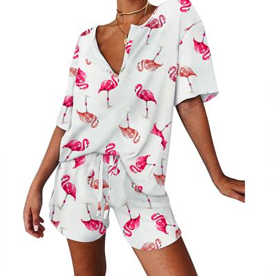 China Women's Print Breathable Pajamas Set V-neck Short Top Drawstring Sleeve Elastic Wild Homewear Shorts for sale