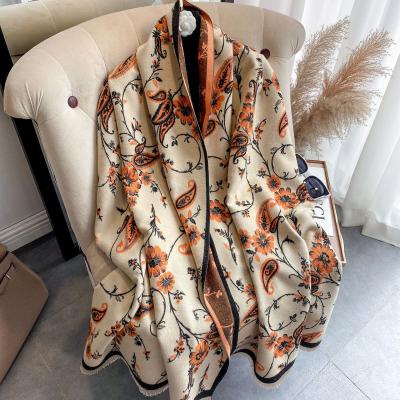 China Winter Shawl Flower Jacquard Cashmere Warm Scarf Wholesale Women's Style Shawl Scarf for sale