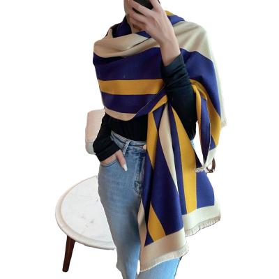 China Winter European American Jacquard Cashmere Poncho Shawl Color Matching Imitated Striped Ladies Thickened Thickened Scarf for sale