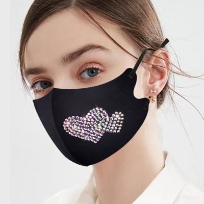 China Water Washable Breathable Drill FaceMask With Dustproof Washable Drill LOVE HEART Black Maskes Fashion Diamond Hot Face Mask for sale