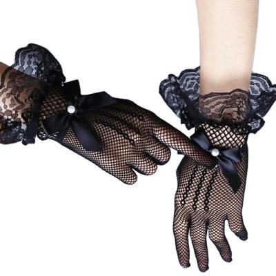 China Fashion\Comfortable Bowknot Jacquard Glove Black Woman Fashion Lace Fabric Bridal Gloves For Wedding Party Decoration for sale