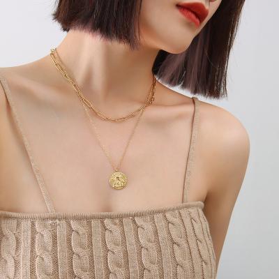 China Fashion Trendy Angel Boy Disc Coin Double Layer Clavicle Chain Stainless Steel Titanium Gold Filled Paperclip Choker Necklace For Women for sale