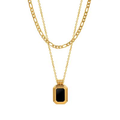 China TRENDY Acrylic Multi Layer Clavicle Chain Stainless Steel 18K Gold Plated Black Square Double Pendant Cuban Link Necklace For Women for sale