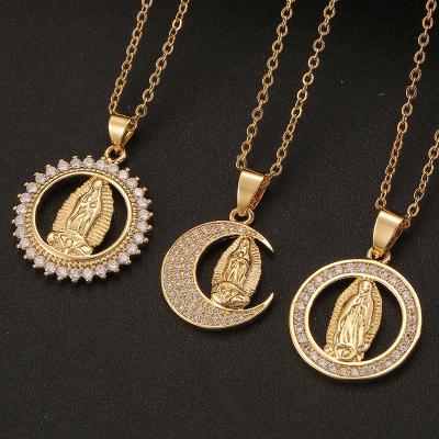 China Retro TRENDY Hip Hop Jewelry 18K Gold Filled Bling CZ Cubic Zirconia Micro Virgin Mary Pendant Religious Faith Necklace For Men And Women for sale