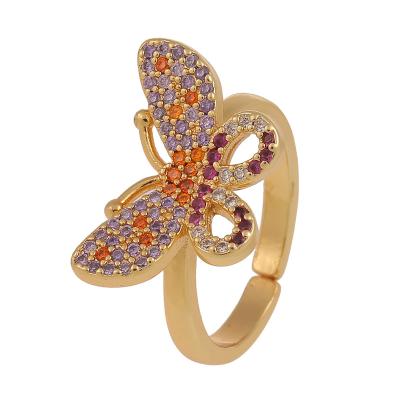 China Hot Selling Tendy FASHIONABLE 18K Gold Plated Pave Color CZ Zircon Butterfly Fish Tail Shaped Opening Ring For Women for sale