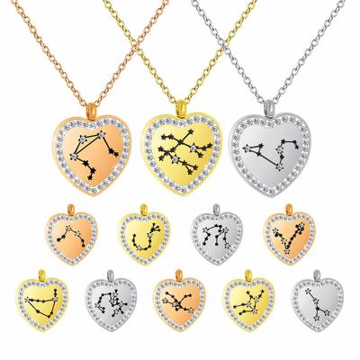 China Fashion TRENDY Gold Filled Round Steel Shell Zircon Necklace Horoscope Jewelry Zodiac Sign Pendant Stainless 12 Constelation for sale