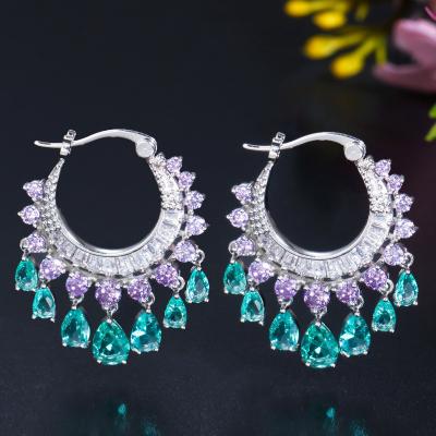 China Wholesale Luxury FASHIONABLE Jewelry 18K Fine Gold Plated Iced Out Color Water Drop CZ Cubic Zircon Circle Tassel Earring For Women for sale