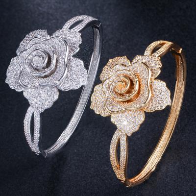 China Luxury Women Punk Copper Jewelry 18K Gold Plated Iced Out Zircon Micro Pave Diamond Flower Bangle Bracelet for sale