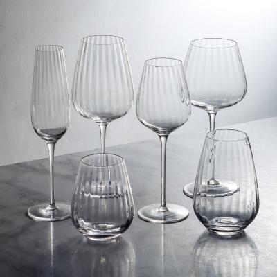 China Ribbed Hand made long stemmed goblet 18oz crystal ribbed wine glass for red wine, cocktail, champagne for sale