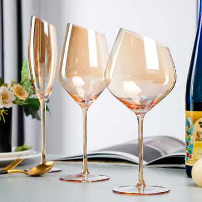 China Water Goblet Glass HRH Wholesale Wedding Crystal Oblique Mouth Amber Water Goblet Glass for sale