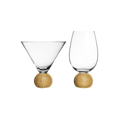 China Ball base bottom diamond studded HRH wholesale colored ball base bottom diamond studded stemless martini cocktail glass for sale