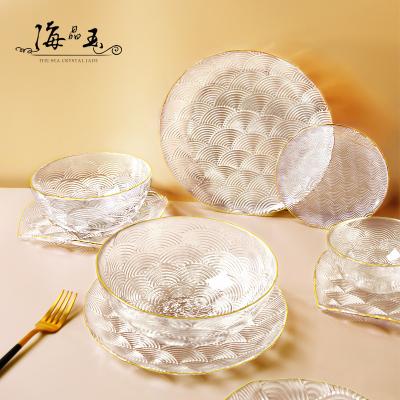 China Sustainable Wholesale Chinese Tableware Sets Household Transparent Glass Dishes Round Glass Serving Bowl with Plate for sale