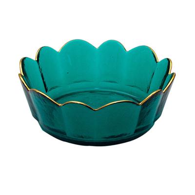 China Sustainable Creative crown gold rimmed glass bowl Scandinavian style transparent lace unique fancy fruit bowl glass for sale