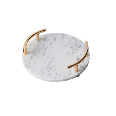 China Sustainable Hotel Light Luxury Natural Marble Tray With Gold Handle for sale