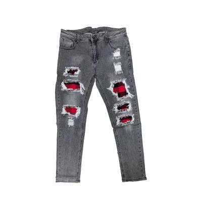 China RTS-M007 Mid waist straight fit breathable ripped holes patchwork gray color jeans pants for men 2022 for sale