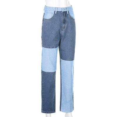 China RTS-W002 Wholesale Breathable High Waist Straight-Leg Pants Color-blocking Women Jeans for sale