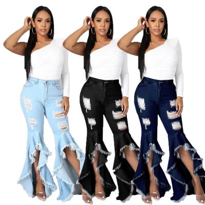 China RTS-W005 Hot Sale Fashion Breathable Ripped Hole Washed Denim Stretch Pants Women Slim Flare Jeans for sale