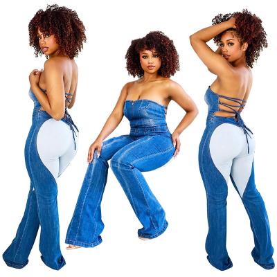 China NEW DESIGN RTS-W011 Link Two Tone Patchwork Sleeveless Denim Jumpsuit Women Bare Back Jeans Breathable for sale