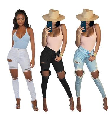 China RTS-W019 Mesh Woman New Arrival Cotton Breathable Elastic Washed Ripped Women Jeans for sale