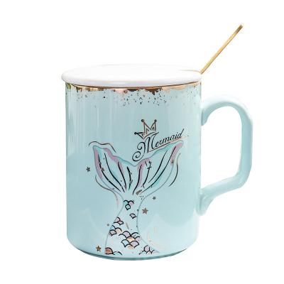 China Sale Viable Whole Mermaid Ceramic Mug With Cover And Spoon Sublimation Mermaid Mug Gold Ceramic Travel Mug for sale