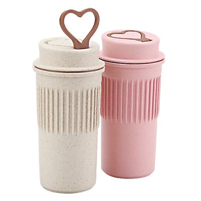 China Creative Viable 350ml Wheat Straw Fiber Insulation Coffee Cup Couple Travel Mug With Heart Shape Hanger for sale