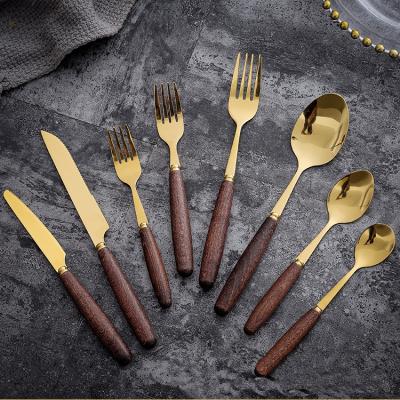 China Custom Portable Outdoor Wooden Gold Plated Target Knife Fork Spoon Cutlery Flatware Set Disposable Travel Flatware Handle for sale