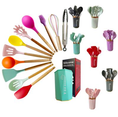 China LZCNHK Disposable 12 Pieces In 1 Set Silicone Kitchen Accessories Cooking Tools Kitchen Tableware Cocina Utensils With Wooden Handles for sale