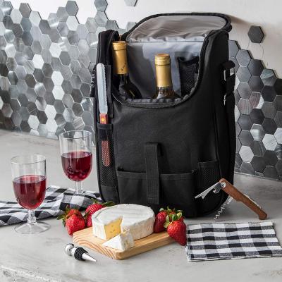 China Large Capacity Custom Insulated Travel Wine Tote Bag Portable 2 Bottle Wine And Cheese Canvas Waterproof Carrier Bag Set Black for sale