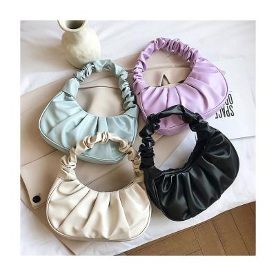 China Designer Waterproof Pu Leather Wrinkled Handle Tote Ruched Wild Female Purse Solid Handbags Luxury Brand Handbags for sale