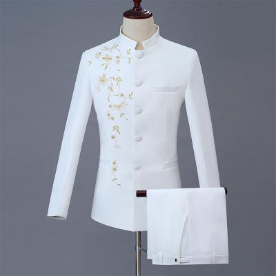 China Custom Made Tender Skinny Man Anti-Wrinkle Embroidered Chinese White Round Neck 3pc For Men's Tuxedo Suit for sale