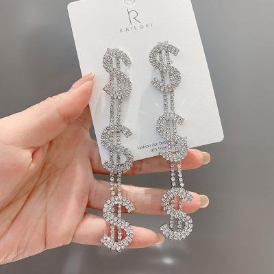 China FASHIONABLE hot sale super shiny rhinestone dollar dangle earrings for women fashion jewelry party statement drop earrings accessories for sale