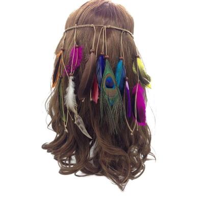 China Fashionable Indian Hemp Rope Tassel Feather Headband Feather Band Hippie Bohemian Peacock Feathers Headband for Women Girls Festival Headdress for sale