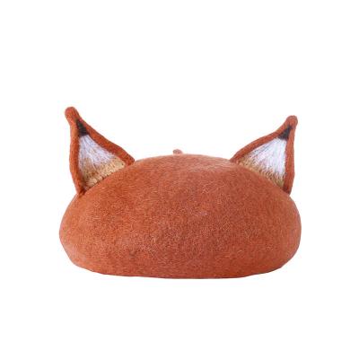 China New Vintage Flat Surface Women's Cute 3D Fox Ear Berets Covers Warm French Painter Hat Handmade Nick Cat Ear Beanies Hat Gift Wool Felt for sale