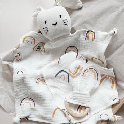 China Anti-pilling 3pcs Sets Baby Super Soft Rainbow Bunny Comforter Blanket Wooden Ring Teething Cotton Drool Feeding Bibs Infant Shower Gifts for sale