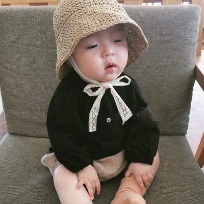 China Recycle Handmade Baby Straw Hat Girls Lace Windproof Summer Rope Beach Sun Hat Kids Overflow Cute Floppy Bucket Hat for sale