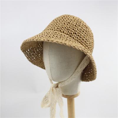 China Recycle Wholesale Baby Straw Hat Cute Breathable Lace Summer Rope Kids Beach Sun Hat Girls Boys Wide Brim Hats Beige/Khaki Colors for sale