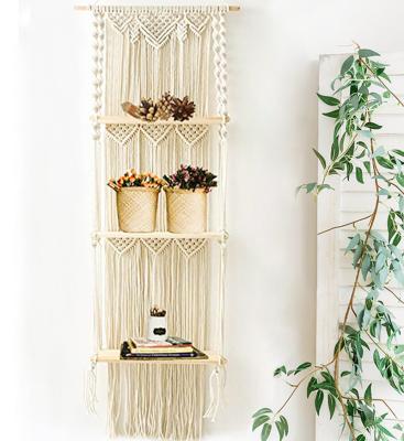 China Three-Layer Simple Bohemian Wood Shelf Brackets Handmade Woven Tapestry Bedroom Decoration Wall Hanging Tapestry for sale