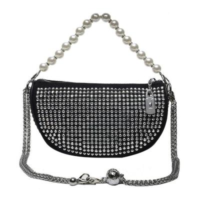 China High Quallity Best selling large capacity female diamond inlaid pillow Punk style pearl chain single shoulder messenger bags for sale