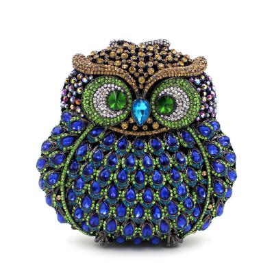 China High Quallity New style individuality owl wispy metal crystal with diamond temperament lady's hand held dinner bag for sale